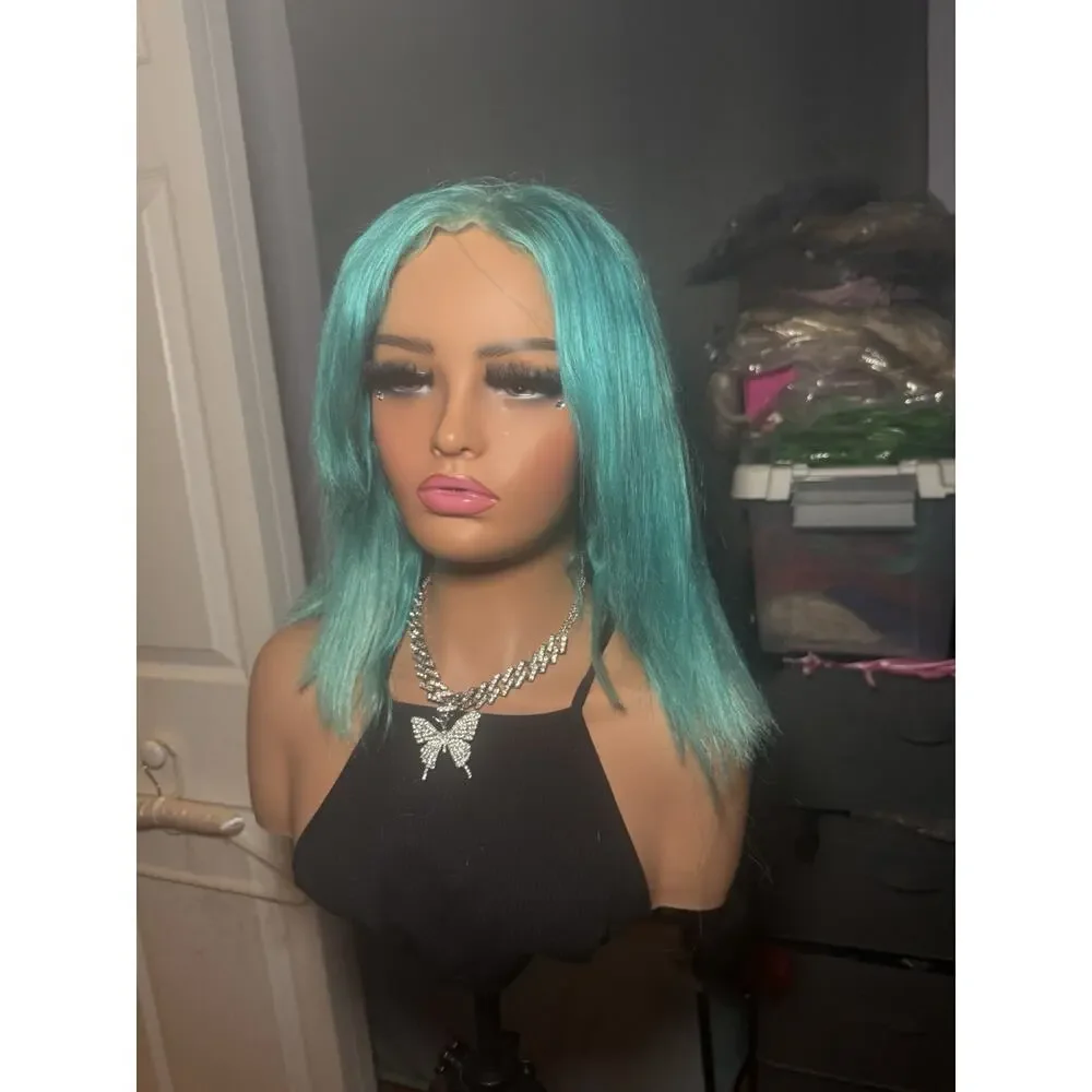Human Hair Wig 13x4 Lace Front Aqua Blue Bob